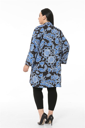 Mono Yaka Kol Boyu Bilek Hizasında Fleto Cepli Astarlı Mavi Çiçek Desenli Kadın Ceket