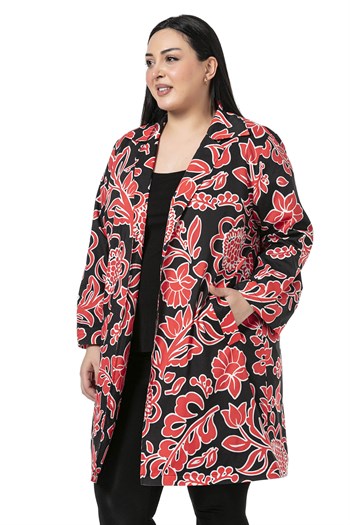 Mono Yaka Kol Boyu Bilek Hizasında Fleto Cepli Astarlı Kırmızı Çiçek Desenli Kadın Ceket