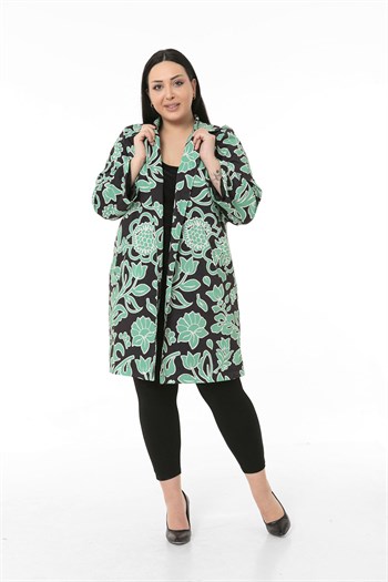 Mono Yaka Kol Boyu Bilek Hizasında Fleto Cepli Astarlı Yeşil Çiçek Desenli Kadın Ceket