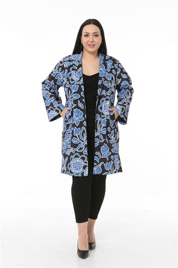 Mono Yaka Kol Boyu Bilek Hizasında Fleto Cepli Astarlı Mavi Çiçek Desenli Kadın Ceket