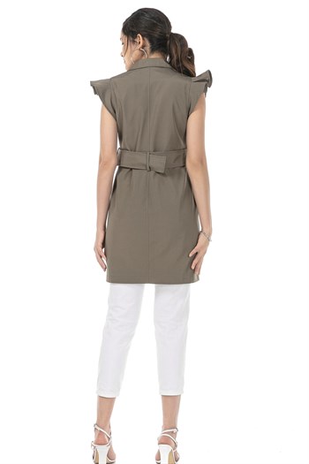 Mono Collar Windbreaker Epaulette Double Breasted Khaki Vest