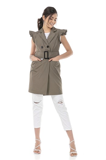 Mono Collar Windbreaker Epaulette Double Breasted Khaki Vest