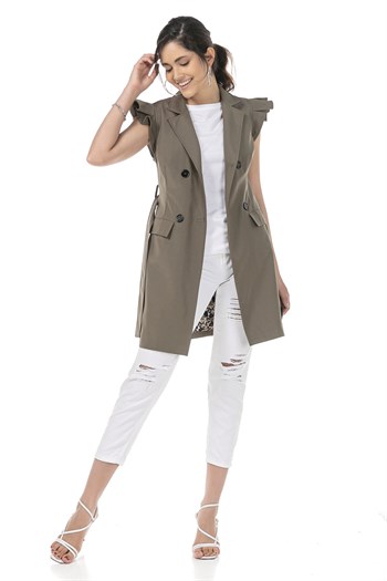 Mono Collar Windbreaker Epaulette Double Breasted Khaki Vest
