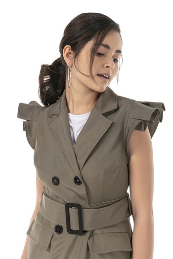 Mono Collar Windbreaker Epaulette Double Breasted Khaki Vest