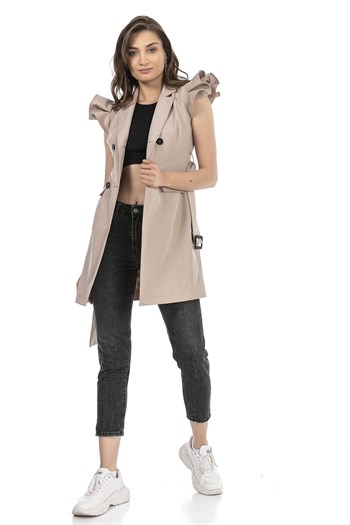 Mono Collar Windbreaker Epaulette Double Breasted Beige Vest