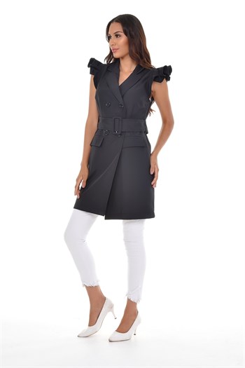 Mono Collar Windbreaker Epaulette Double Breasted Black Vest