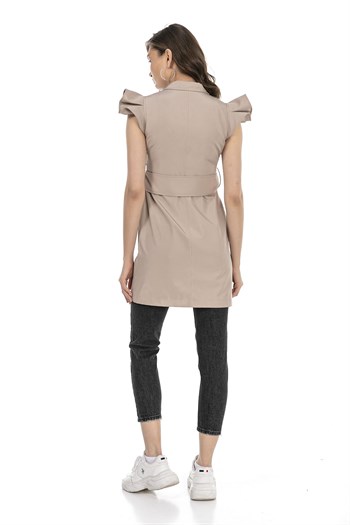 Mono Collar Windbreaker Epaulette Double Breasted Beige Vest