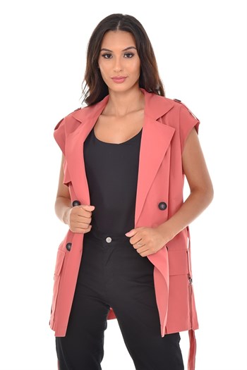 Mono Collar Windbreaker Epaulette Double Breasted Pink Vest