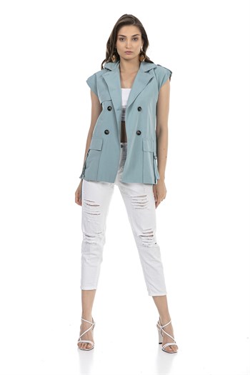 Mono Collar Windbreaker Epaulette Double Breasted Mint Vest