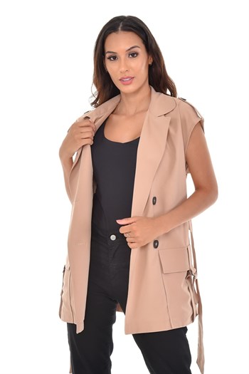 Mono Collar Windbreaker Epaulette Double Breasted Beige Vest