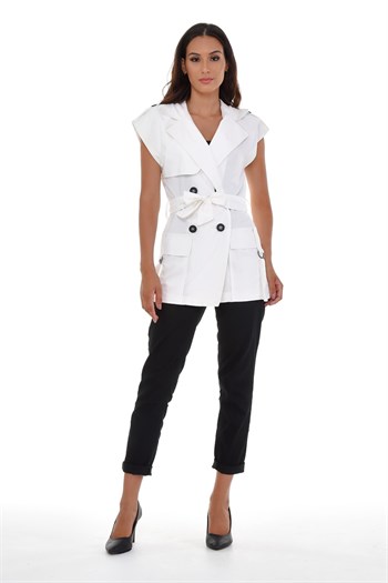 Mono Collar Windbreaker Epaulette Double Breasted White Vest