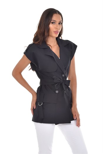 Mono Collar Windbreaker Epaulette Double Breasted Black Vest