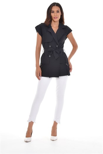 Mono Collar Windbreaker Epaulette Double Breasted Black Vest