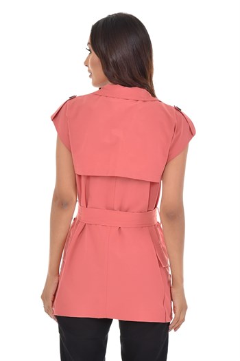 Mono Collar Windbreaker Epaulette Double Breasted Pink Vest