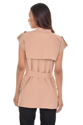 Mono Collar Windbreaker Epaulette Double Breasted Beige Vest