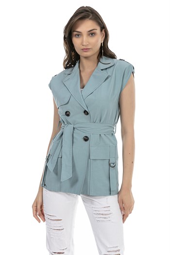 Mono Collar Windbreaker Epaulette Double Breasted Mint Vest