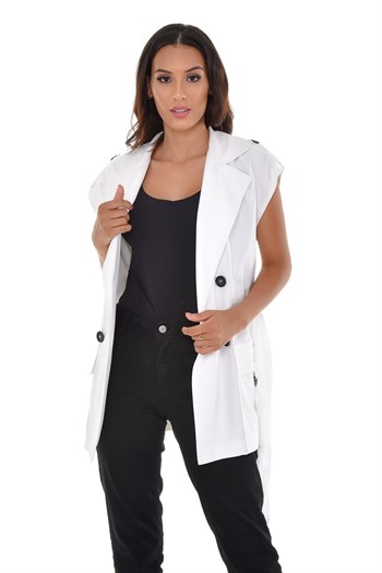 Mono Collar Windbreaker Epaulette Double Breasted White Vest