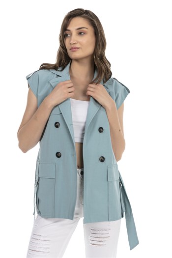 Mono Collar Windbreaker Epaulette Double Breasted Mint Vest