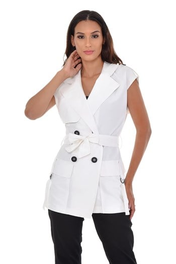 Mono Collar Windbreaker Epaulette Double Breasted White Vest