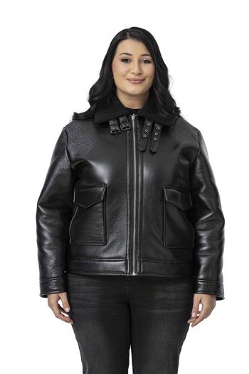 Büyük Beden İçi Kürklü Fermuarlı Yakası Toka Detaylı Siyah Deri Mont