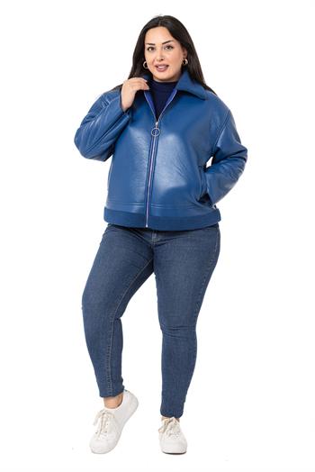 Büyük Beden Yakası ve Eteği Kürklü Fleto Cepli Fermuarlı Saks Mavi Deri Mont