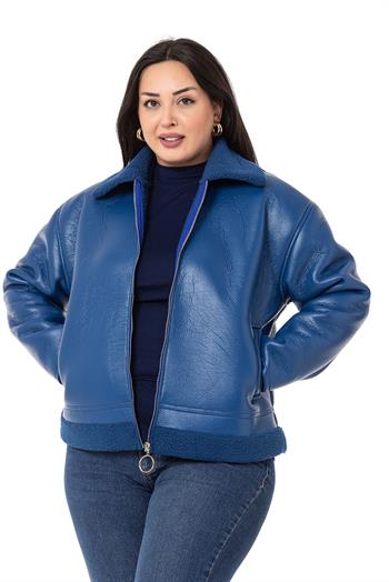 Büyük Beden Yakası ve Eteği Kürklü Fleto Cepli Fermuarlı Saks Mavi Deri Mont