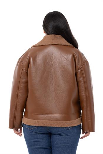 Büyük Beden Yakası ve Eteği Kürklü Fleto Cepli Fermuarlı Kahverengi Deri Mont