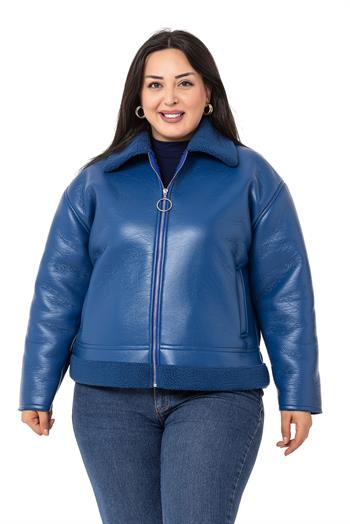 Büyük Beden Yakası ve Eteği Kürklü Fleto Cepli Fermuarlı Saks Mavi Deri Mont