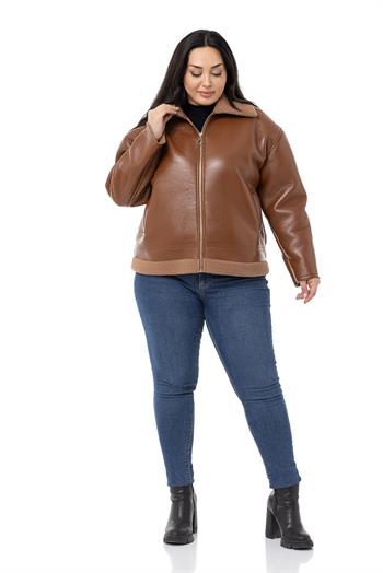 Büyük Beden Yakası ve Eteği Kürklü Fleto Cepli Fermuarlı Kahverengi Deri Mont