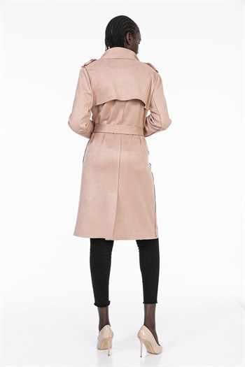 Unlined Light Pink Suede Trench Coat with Epaulettes on the Shoulder, Belted and Slits