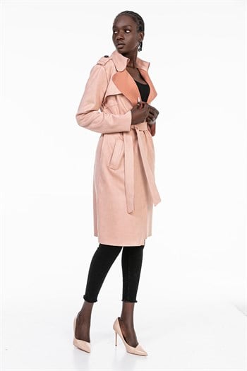 Unlined Light Pink Suede Trench Coat with Epaulettes on the Shoulder, Belted and Slits
