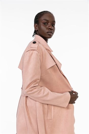 Unlined Light Pink Suede Trench Coat with Epaulettes on the Shoulder, Belted and Slits