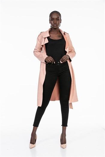 Unlined Light Pink Suede Trench Coat with Epaulettes on the Shoulder, Belted and Slits
