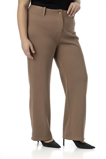 Büyük Beden Beli Arkadan Lastikli Boru Paça Klasik Vizon Pantolon