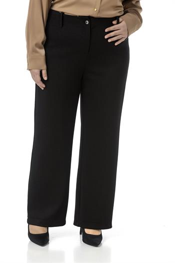 Büyük Beden Beli Arkadan Lastikli Boru Paça Klasik Siyah Pantolon
