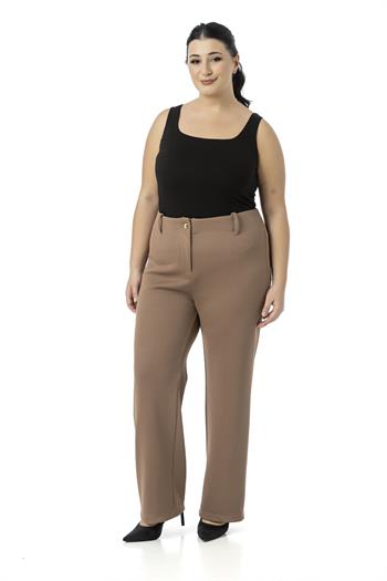 Büyük Beden Beli Arkadan Lastikli Boru Paça Klasik Vizon Pantolon