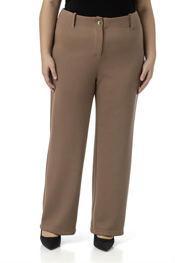 Büyük Beden Beli Arkadan Lastikli Boru Paça Klasik Vizon Pantolon