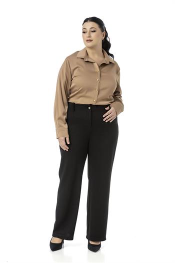 Büyük Beden Beli Arkadan Lastikli Boru Paça Klasik Siyah Pantolon