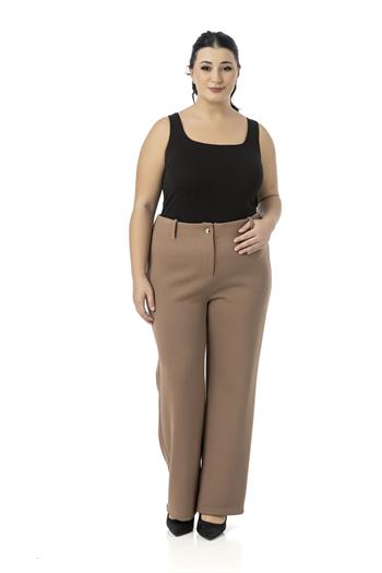 Büyük Beden Beli Arkadan Lastikli Boru Paça Klasik Vizon Pantolon