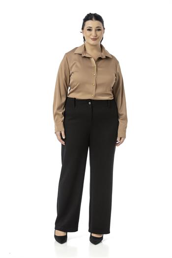 Büyük Beden Beli Arkadan Lastikli Boru Paça Klasik Siyah Pantolon