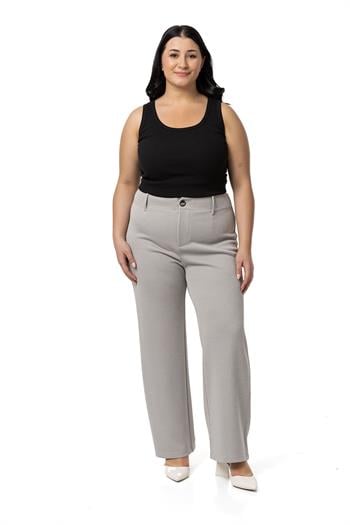 Büyük Beden Beli Arkadan Lastikli Boru Paça Klasik Gri Pantolon