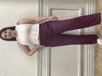 Plus Size Plaid Claret Burgundy Trousers with Elastic Waist