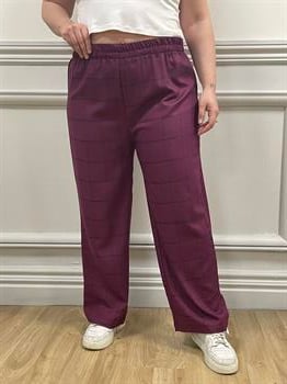 Plus Size Plaid Claret Burgundy Trousers with Elastic Waist