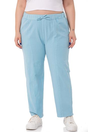 Plus Size Blue Trousers with Elastic Waist and Drawstring Detail