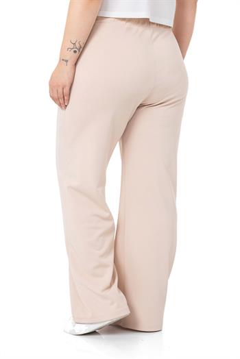 Büyük Beden Beli Lastikli ve İp Büzgülü Nervür Dikişli Bol Paça Bej Pantolon