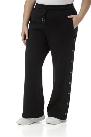 Büyük Beden Beli Lastikli ve İp Büzgülü Yanlarda Süs Çıtçıt Detaylı Siyah Eşofman Pantolon