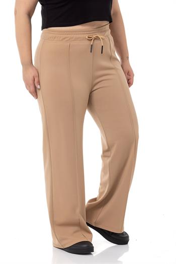 Plus Size Mink Wide Leg Trousers with Elastic Waist and Drawstring and Ribbed Stitching