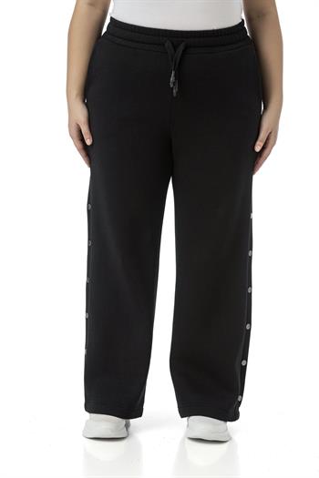 Büyük Beden Beli Lastikli ve İp Büzgülü Yanlarda Süs Çıtçıt Detaylı Siyah Eşofman Pantolon