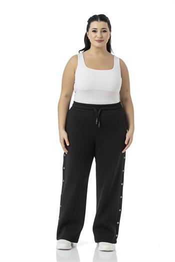 Büyük Beden Beli Lastikli ve İp Büzgülü Yanlarda Süs Çıtçıt Detaylı Siyah Eşofman Pantolon