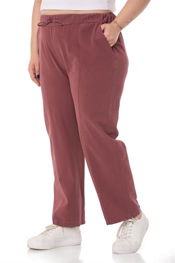 Plus Size Plum Trousers with Elastic Waist and Rope Gather Detail